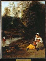 Woman Delousing a Little Girl by the Water
