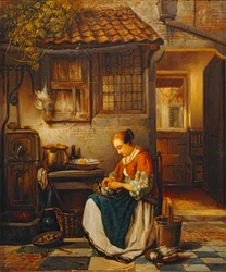 Woman Plucking Poultry in a Courtyard