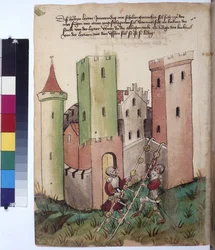 Castle and Instructions for Using a Ladder with Wheeled Treads, c.1430