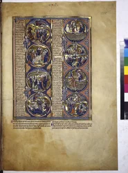 Full page: eight medallions enclosing miniatures with explanatory text, c.1225-1250