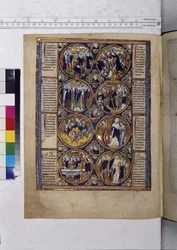 Full page: eight medallions enclosing miniatures and accompanied by text, c.1225-1250