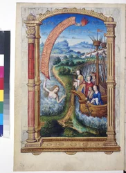 Full page: two ships with Margaret of Austria and other figures in a wide landscape, c.1504