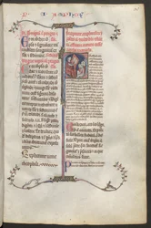 Full Page: Text and Historiated Initial: Seated on the Left is the Commentator Constantinus Africanus of Montecassino