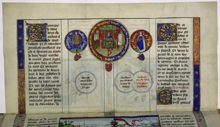 Text with Initials and Three Medallions: Godfrey of Bouillon
