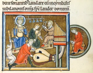 King David playing a psaltery with tuba, organ, and cymbal players