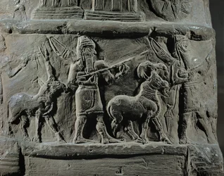 Parade of musicians, warriors, and animals