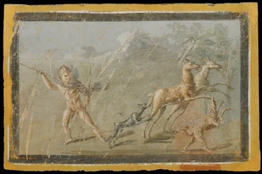 Scene of a hunt, Herculaneum, house of the Deer, Around 60-80 CE, Wall painting