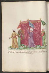 Turkish wedding ceremony: bride on horseback, concealed by a curtain, with three servants and a eunuch leading her horse