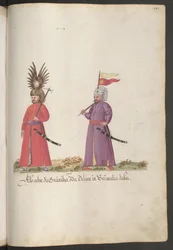 Two Turkish Border Soldiers with Head Decoration, Battle Axes, and Sabres
