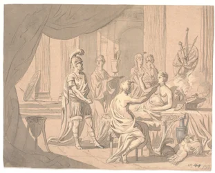 Antique Scene. A Noble Lady Adorned by Other Ladies in Front of a Helmeted Warrior