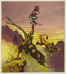 The lion and rhinoceros fall over the cliff while arguing over who gets the first bite of the three mariners