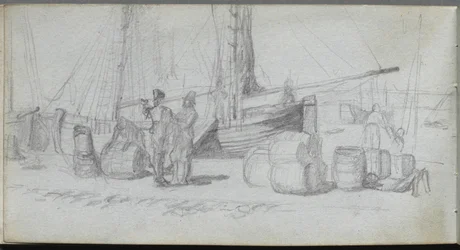 Sketchbook, page 50: Boats, Figures, Cargo on a Beach