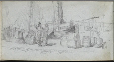 Sketchbook, Page 50: Boats, Figures, Cargo on a Beach