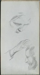 Sketchbook, page 70: Study of Two Faces and a Hand