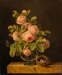 A Vase of Roses with a Butterfly and a Nest on a Ledge