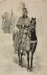 Duke of Aosta Emanuele Filiberto of Savoy in costume of Umberto Biancamano at Villa Borghese tournament for silver wedding of Umberto I and Margherita of Savoy, Rome, Italy