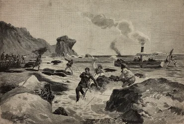 Killing of Lieutenant Carlo Zavagli (1867-1890) in Warsheikh, in Somalia, April 24, engraving by Ernesto Mancastropa from drawing by Gennaro Amato, from L