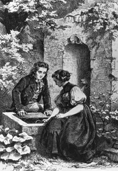 Hermann and Dorothy at fountain, illustration for Hermann and Dorothea, idyll by Johann Wolfgang von Goethe