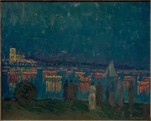 Lantern Parade on the Outer Alster with Uhlenhorst Ferry House in the Background