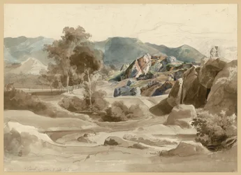Italian Landscape with Stream, Trees, and a House by the Road and Rugged Rock Formation. Camel near Sora