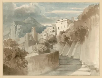 Motif from Subiaco. Group of Houses and Stairs, a Mountain in the Background