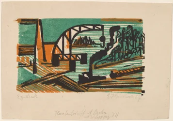 River Landscape with Crane and Barges, 1927