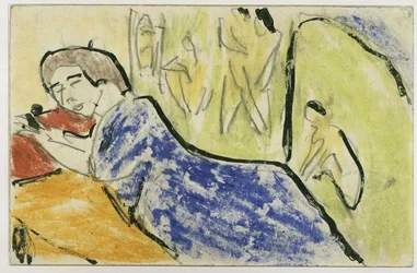 Reclining (Lotte?) on Sofa (Postcard to Maschka Mueller)