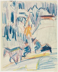 Horse-drawn sleigh with two men in the high mountains