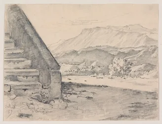 View with a Staircase on the Left and a Mountain Landscape on the Right