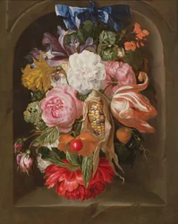 A Still Life of a Corncob, Roses, a Parrot Tulip, Irises, and Other Flowers Suspended from a Blue Ribbon, in a Stone Niche
