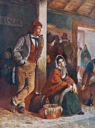 Irish emigrants at Ballinasloe station on their way to Galway, Ireland to board boats to America in the 19th century