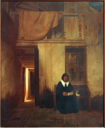 Interior with Woman Reading and Cat