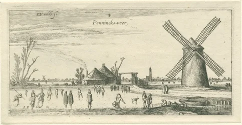 Skaters on the Ice Near a Mill in the Vicinity of Penningsveer (series title: Landscapes)