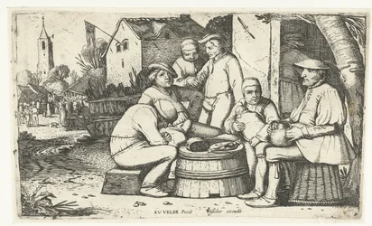Six Farmers Sitting Around a Barrel at an Inn