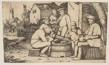 Six Peasants Using a Barrel Butt as a Table