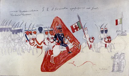 Abyssinian drawing representing General Baratieri walking towards Adigrat.