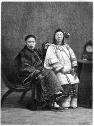 Couple of Chinese notables from San Francisco (United States) in the 19th century. Engraving after a drawing by Ronjat, after a photograph, in Le Tour du Monde, Nouveau journal des Voyages, edited by Edouard Charton, Paris