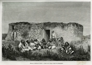 Houses and inhabitants of Jericho (West Bank). Engraving by E. Ronjat, to illustrate the story of Syria today, by M. Lortet, dean of the Faculty of Medicine of Lyon, charged with a scientific mission by the Ministry of Public Education, published in the To