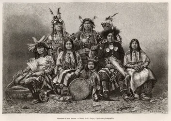 Indian warriors and their wives (Texas). Engraving illustrating 