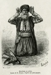 Muslim prayers. Engraving by E.Ronjat, to illustrate La Syria d