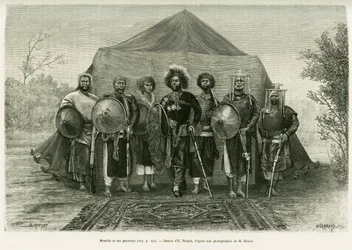 Portrait of Prince Menelik II of Ethiopia surrounded by his generals (engraving by Ronjat, after a photograph, to illustrate the story 