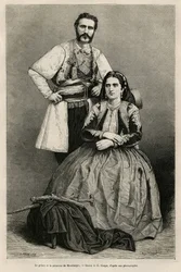 Portraits of the Prince of Montenegro Nicholas I Petrovicz Niegosch and his wife, Milena. Drawing by E. Ronjat, to illustrate the journey to Montenegro, in 1874, by Charles Yriarte. Engraving in Le tour du monde