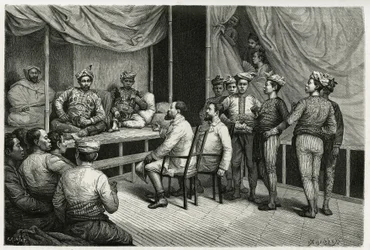 Reception of travelers at the palace of the sultan of Soulou (or Sulu) (archipelago of the Philippines), Mohammed Yamalul Alam. Engraving by E.Ronjat, to illustrate the story 