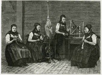 Sondernach spreaders, description of the different stages of spinning, hand, spindle and spindle. Engraving by E.Ronjat, to illustrate the story 