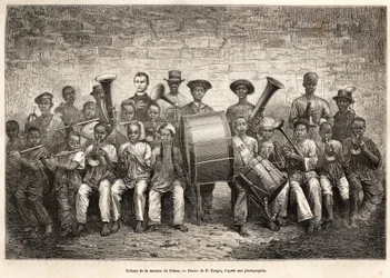 The band of the children of the Gabon mission. Engraving after the drawing of E.Ronjat, to illustrate the cruise on the coast of Africa, by Vice Admiral Fleuriot de Langle, in 1868, published in Le tour du monde 1876, edited by Edouard Charton