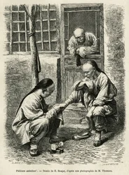 The walking pedicure, a common scene of everyday life in Chinese cities. Engraving after the drawing of E.Ronjat, to illustrate the journey to Pekin and North China, by T.Choutze, in 1873, published in Le tour du monde 1876, edited by Edouard Charton