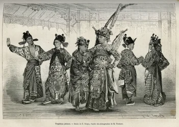 Tragedians of a Pekinese theatre, specialising in historical and mythological dramas. Engraving after the drawing of E.Ronjat, to illustrate the journey to Pekin and North China, by T.Choutze, in 1873, published in Le tour du monde 1876, edited by Ed