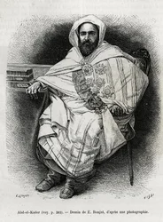 Portrait of Abd El Kader, Algerian emir and sultan, Sufi theologian, politician and military resistance to the French colonial army, also writer, poet and philosopher. Engraving by E. Ronjat, to illustrate the story La Syria d