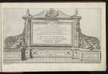 Title Print with a Monument Flanked by Fame and Father Time (Bouwwerken uit de oudheid)