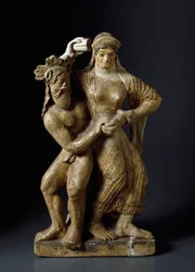 Etruscan antiquity: “Satyr and Dancing Maenad”. Terracotta sculpture from a temple of Mater Matuta at Satricum. 480 BC. Dimensions: 59 cm. Rome, Museo Nazionale di Villa Giulia